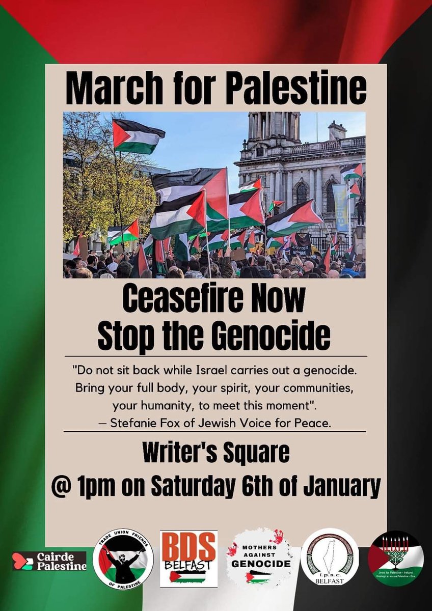 sbelfastpbp's tweet photo. Remember to come out to the Palestine Solidarity 🇵🇸 March today from Writer’s Square at 1pm in Belfast.
#endgazagenocide #saoirsedonphalaistín #OneDemocraticState #FromTheRiverToTheSea
#NoToGenocideJoe https://t.co/YTozlwK9tf