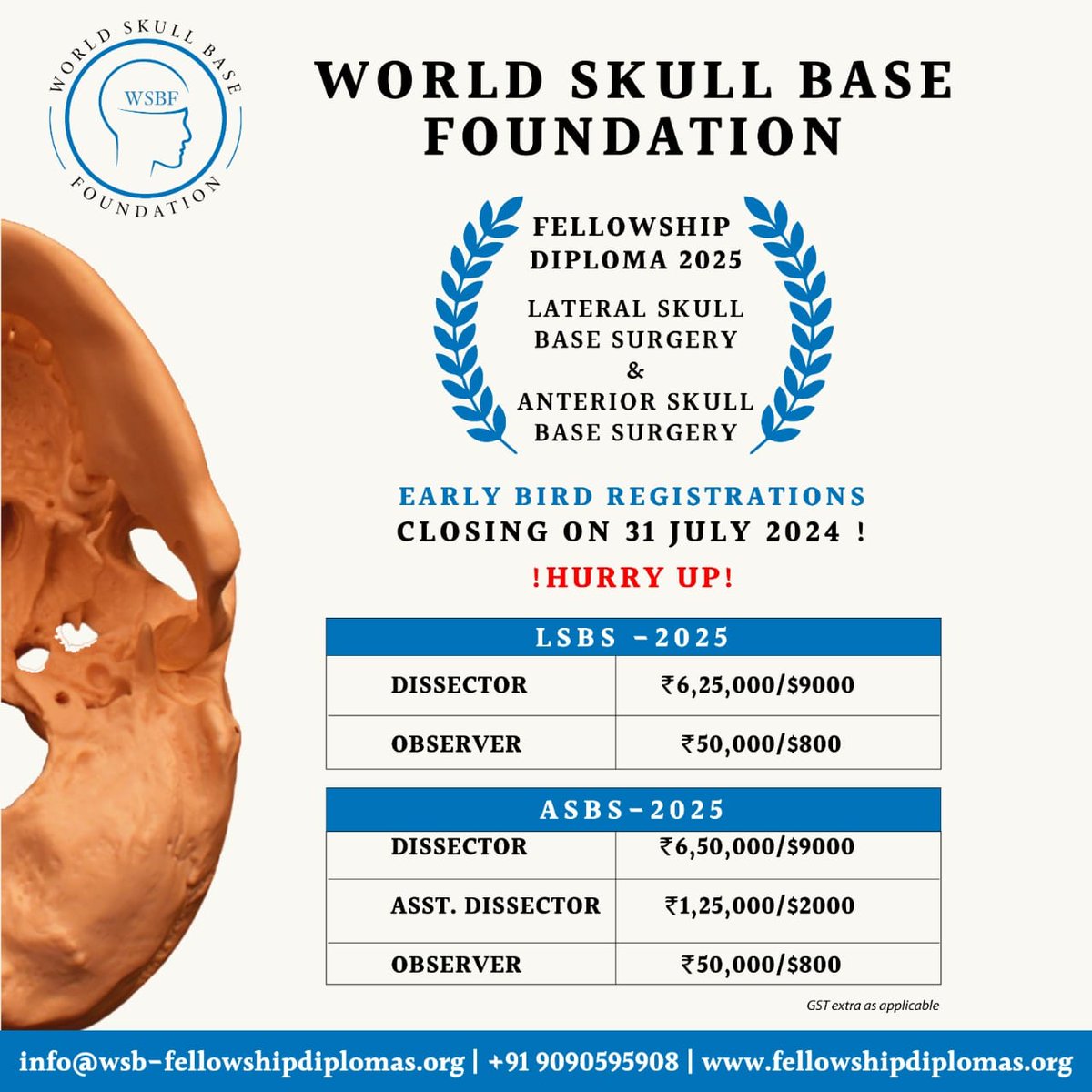 Why choose World Skull Base Foundation Fellowship ? ✅ Structured curriculum-based training in theory and dissections ✅ World-renowned Faculty ✅ State-of-the-art infrastructure with an ‘in-theatre’ experience ✅ Fellowship Certification #worldskullbasefoundation #skullbase