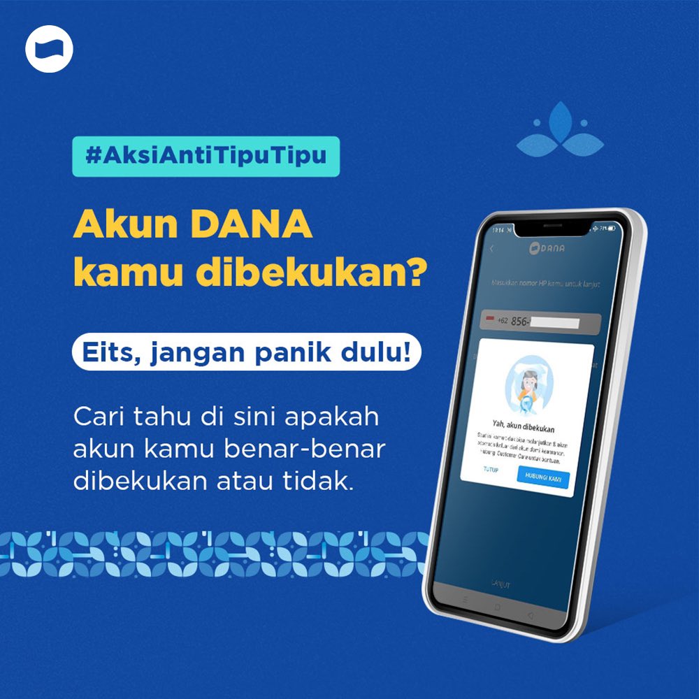 Akun DANA kamu dibekukan? Eits, jangan panik, TemanDANA! Siapa tahu ternyata itu hanyalah akal-akalan penipu belaka supaya kamu panik dan mengklik link phishing yang disamarkan sebagai link pemulihan akun DANA. Yuk cek modusnya di sini! bit.ly/FreezeAccountA… #BukanDompetBiasa