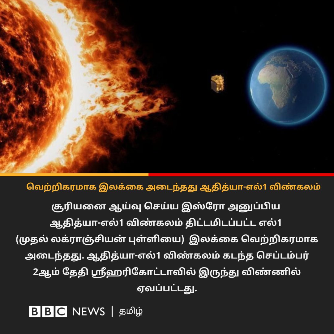 bbctamil's tweet image. இஸ்ரோ மற்றுமொரு சாதனை - வெற்றிகரமாக இலக்கை அடைந்தது ஆதித்யா-எல்1 
#ISRO #AdityaL1