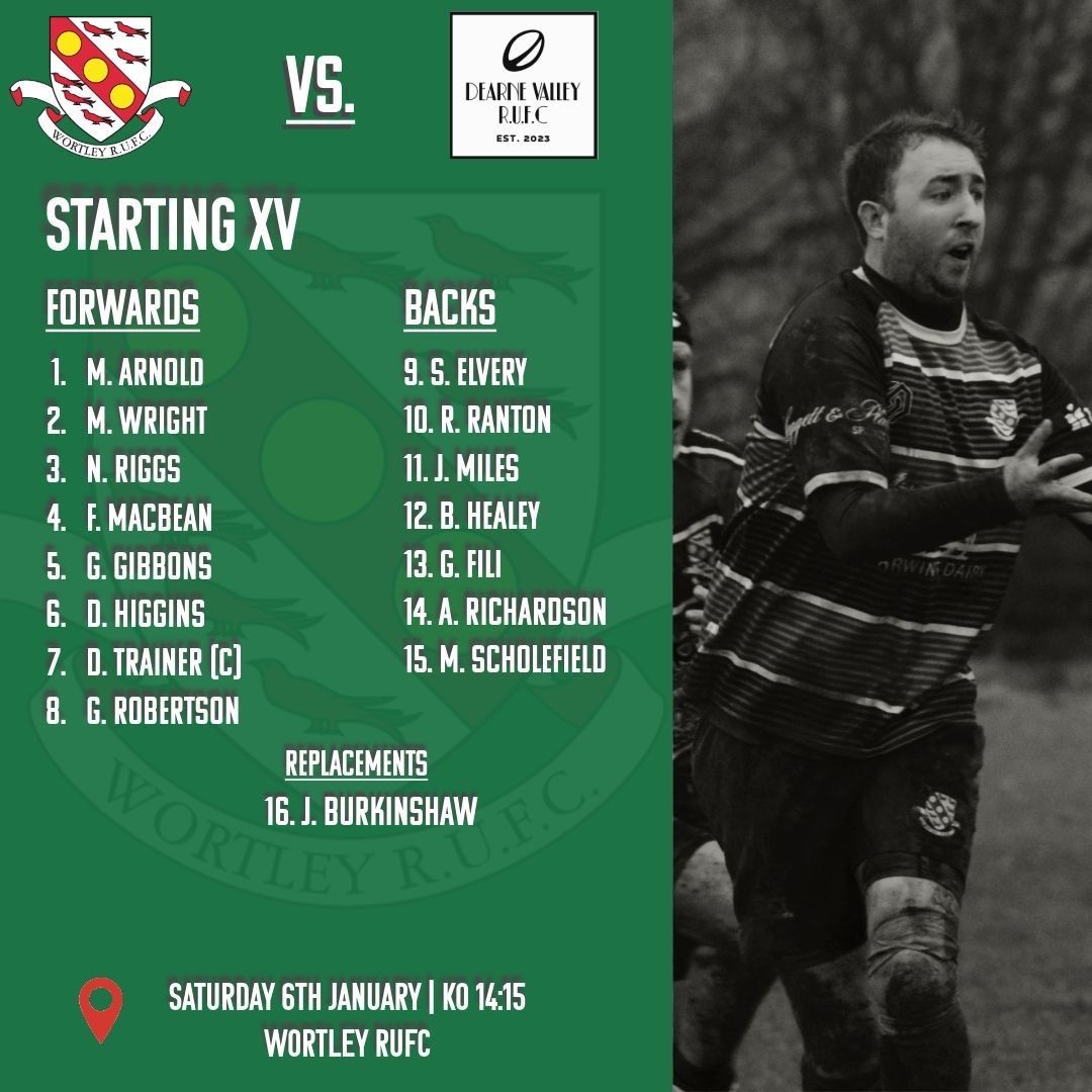 Here is todays Wortley team as we take on Dearne RUFC. 2.15pm kick off at Finkle St. Come on down and support the lads 💪💪💪🏉🏉🏉