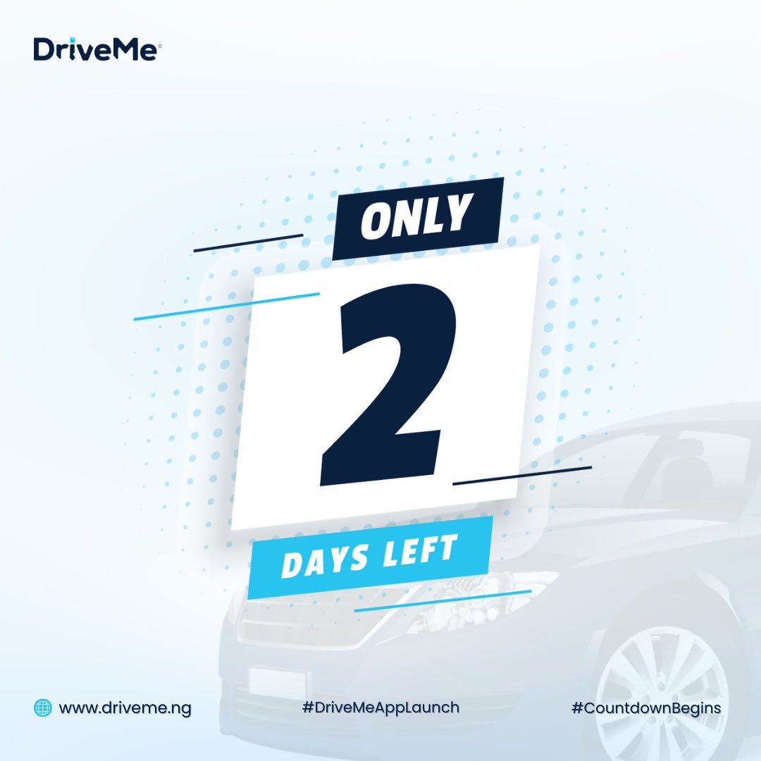 Pssst.👀, Hey😀 It’s only 2 days away🕺🏾🕺🏾💃🏾💃🏾. Get ready to experience the ULTIMATE vehicle owners App

#mobileapplaunch #DriveMeAppLaunch #DriveMe #hireadriver #hireadriverinlagos #VehicleOwners #VehicleOwnersInLagos #CarOwners #NollyWood