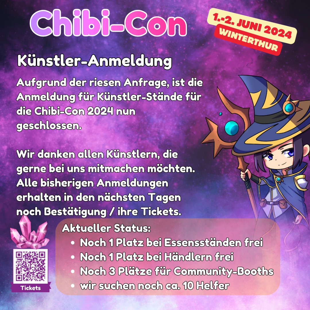 Aufgrund der riesen Anfrage, ist die Anmeldung für Künstler-Stände für die Chibi-Con 2024 nun geschlossen. Wir danken allen Künstlern, die gerne bei uns mitmachen möchten. Alle bisherigen Anmeldungen erhalten in den nächsten Tagen noch Bestätigung / ihre Tickets.
