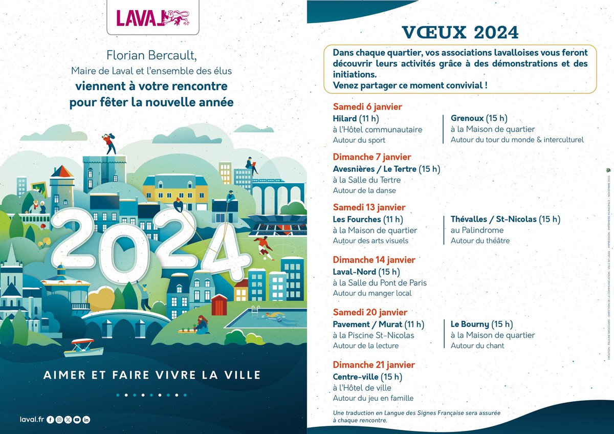 VOEUX 2024 ✨

Pour célébrer la nouvelle année, la municipalité organise dans les quartiers des rencontres conviviales destinées aux habitants et acteurs associatifs. 

À chaque RDV sa thématique, pour découvrir les activités associatives de <a href="/Laval_la_Ville/">Laval la Ville</a> avec des initiations.