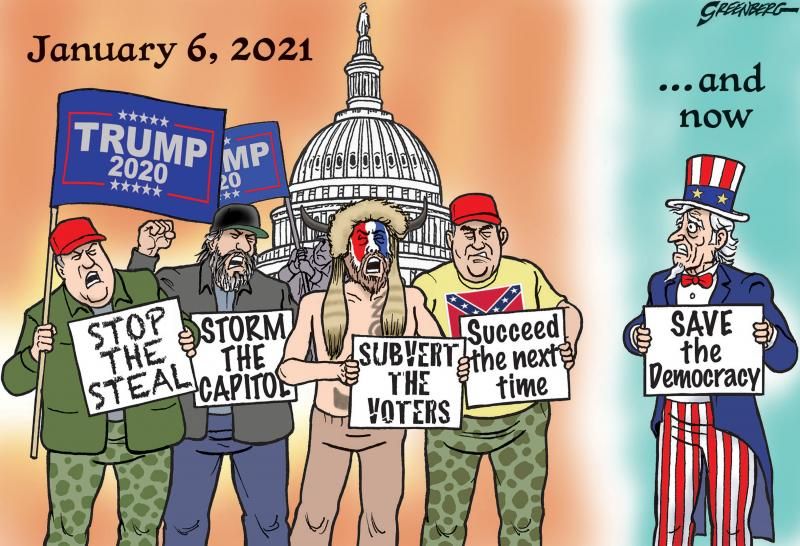 Third anniversary of the attack on the Capitol on January 6, 2021. Three years on, US democracy is still in peril. Cartoons by Steve Greenberg, @tedlittleford and @Dariomonero #Trump #Capitolriot #democracy #USA