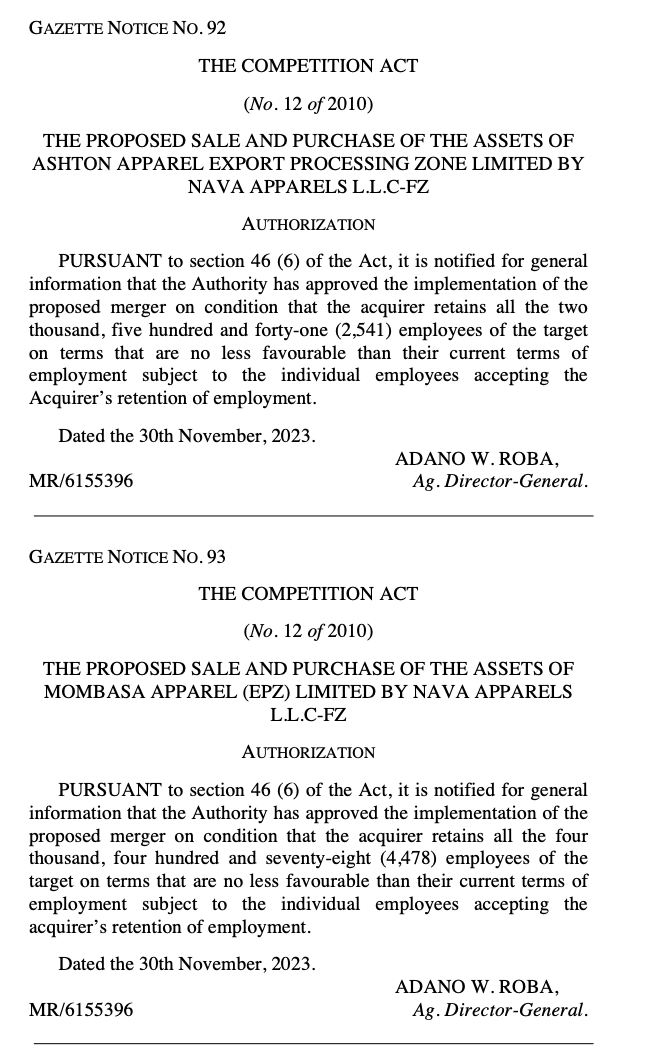 CAK [@CAK_Kenya] has approved 2 purchases of assets by Nava Apparels: 1️⃣ Those of Ashton Apparel EPZ, retaining all 2,541 employees. 2️⃣ Those of Mombasa Apparel EPZ, keeping all 4,478 employees. Both acquisitions ensure employee retention under favorable terms.
