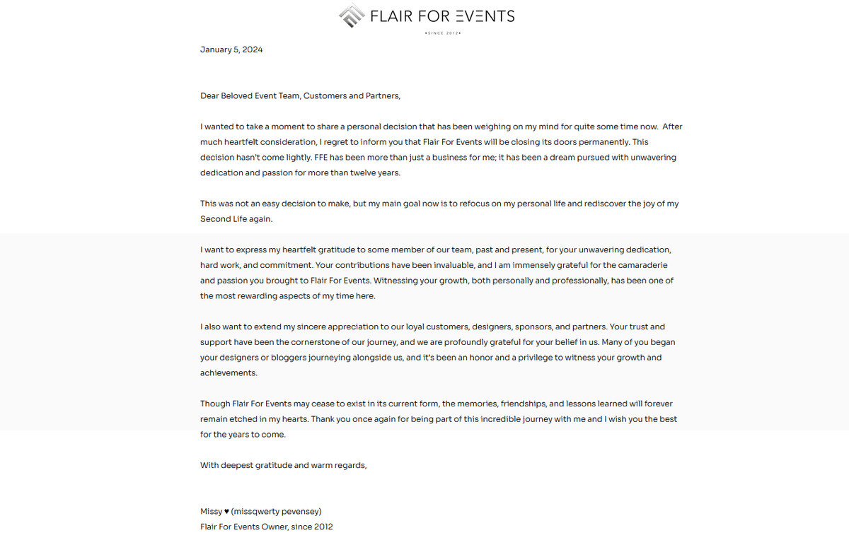 SusannDeCuir's tweet photo. Flair for Events closes
Owner ʍιѕѕѕʏ Ṗღωєʀ Ŕɑиɢєʀ (missqwerty.pevensey) announced this on January 5 of this year: https://t.co/k7FeObTgHD
#SecondLife #Fairs #Virtual #FlairforEvents https://t.co/GOF5wQsort