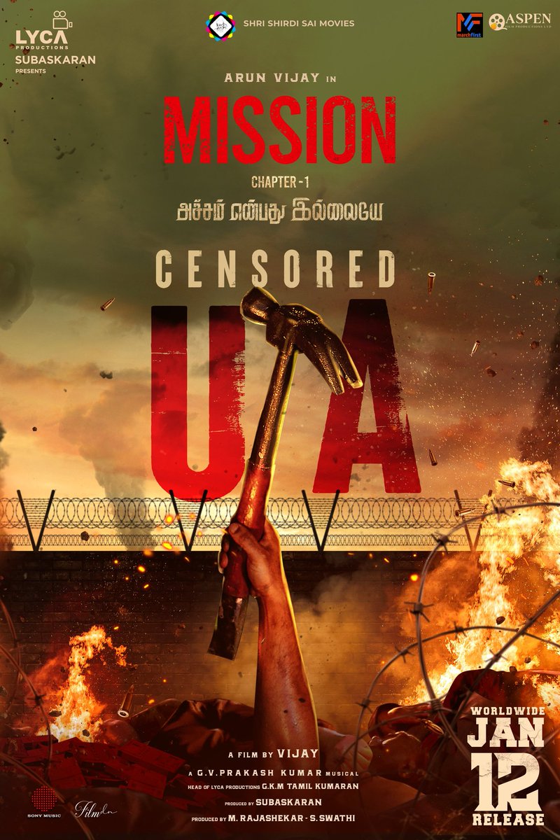 thesuryamehra's tweet photo. #MissionChapter1 Censored 'U/A'
In Cinemas from January 12th
#arunvijay Director #Vijay #gvprakash #AmyJackson #NimishaSajayan @LycaProductions @SonyMusicSouth
#MissionChapter1Trailer https://t.co/vcGZre5kfg