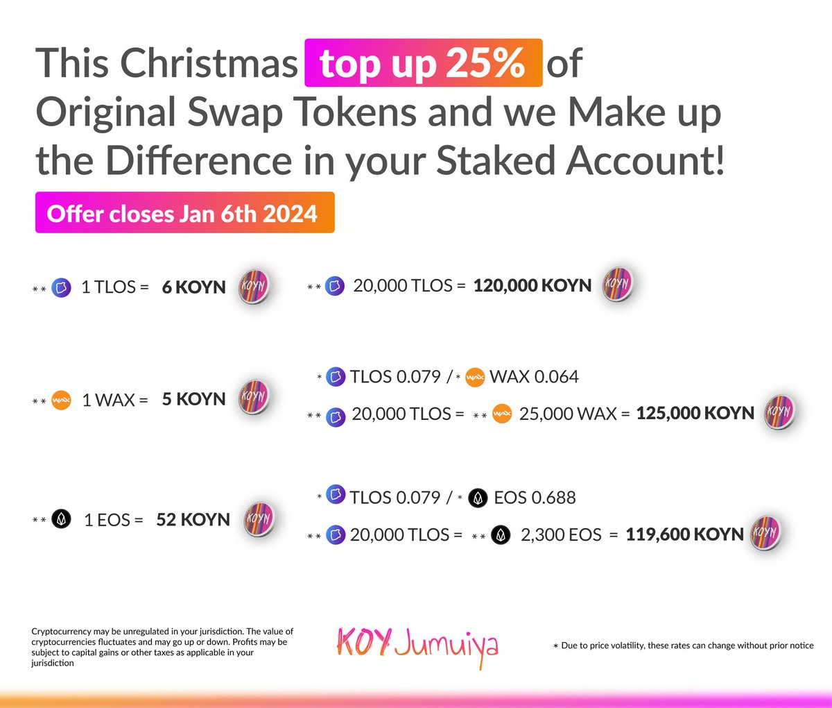 missherabitcoin's tweet image. 🌟 Final call! The Antelope Access Christmas offer lasts until January 6, 2024, end of day Pacific time. Top up 25% of your initial swap tokens now and become an early adopter of $KOYN! Your window to seize this festive bonus is closing. 🧵👇 #KOYNetwork #KOYJumuiya #KOY #WeMust