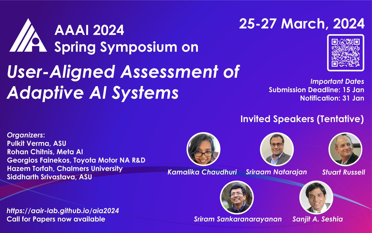 The deadline for #AAAI2024 #SpringSymposium on User-Aligned Assessment of Adaptive AI Systems is just 10 days away. If you are working on any aspect of assessment, regulation, compliance, etc., of AI systems, please check it out. 

Call for papers @ aair-lab.github.io/aia2024