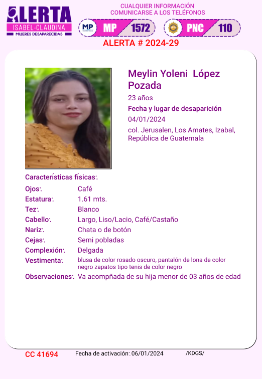 isabel_claudina's tweet photo. #AlertaIsabelClaudina
🚨 Ayúdenos a encontrar a
Meylin Yoleni López Pozada
Desapareció  el 04 de enero de 2023
Cualquier información comunicarse al teléfono 📞 1572
Gracias por difundir esta información❗ https://t.co/DkhJEXRMAp