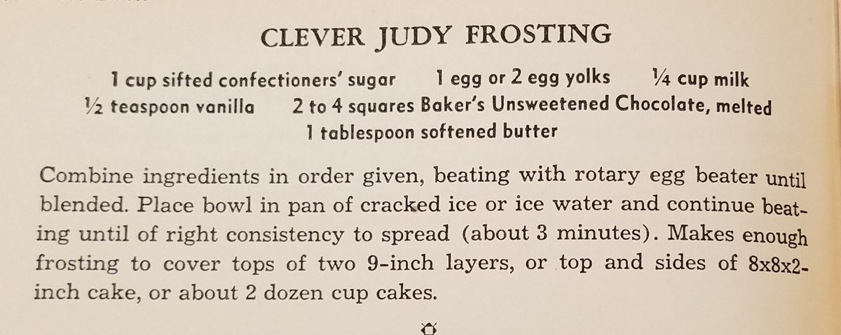Clever Judy Frosting aka Chocolate Frosting -- 1930s

#confectionerssugar #eggs #milk
#chocolate #butter #vanilla 
#1930sfood #1930srecipe #grandmafood #depressioneracooking #cake 
#frosting #CleverJudyFrosting
#chocolate #ChocolateFrosting