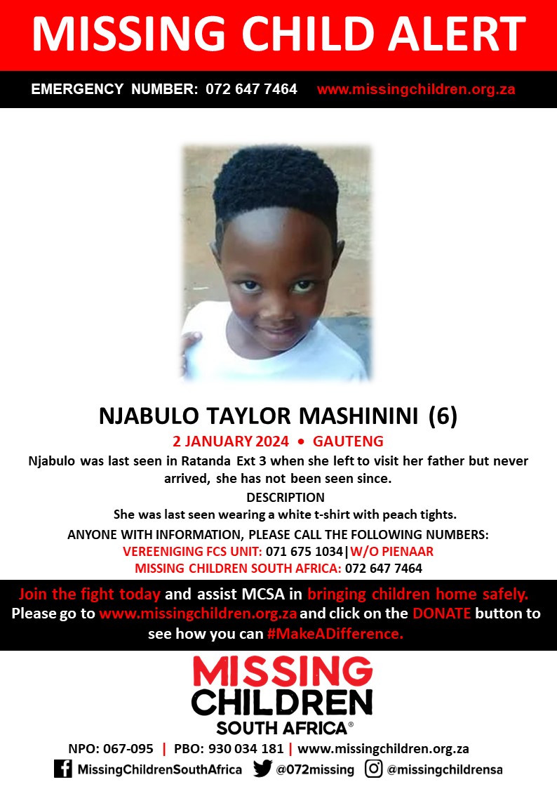 #MCSAMissing Njabulo Taylor Mashinini (6) was last seen 2 January 2023 If you personally, or your company | or your place of work, would like to make a donation to #MCSA, please click here to donate: missingchildren.org.za/page/donate