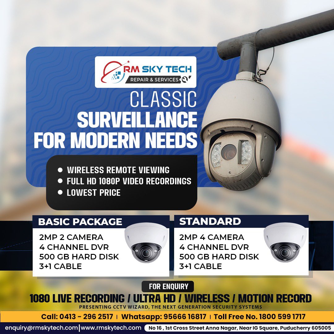Eyes that never blink, vigilance that never sleeps. Our CCTV system is the silent guardian of your security. 📷🔒

 Whatsapp: 9566616817
 E-Mail: enquiry@rmskytech.com

#CCTVProtection #WatchfulGuardian #CCTVSecurity #DigitalGuardian #safety #CCTVSecurity #services #24x7Security