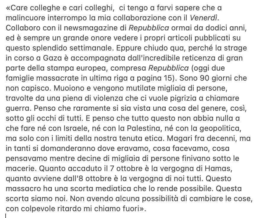 🚨Il giornalista Raffaele Oriani si è congedato ieri da Repubblica per protestare contro la linea del quotidiano: «Questo massacro ha una scorta mediatica che lo rende possibile... siamo noi». Qui la lettera che ha inviato alla redazione: