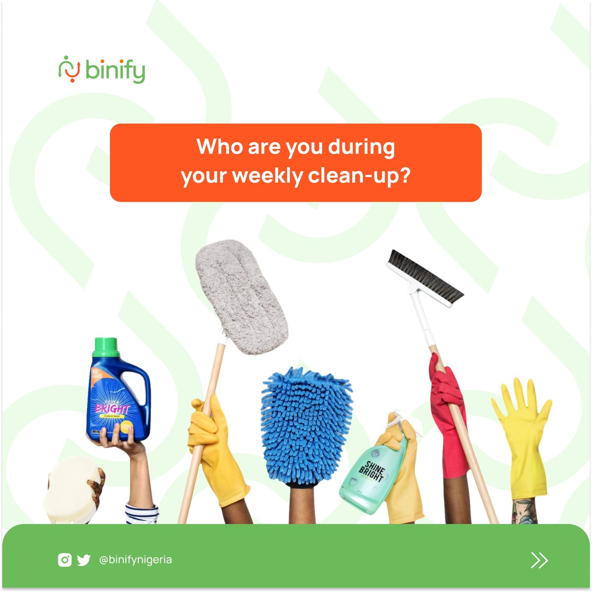 binifynigeria's tweet image. Who made the rule to always clean up on Saturdays? 😄

Anyway, since most of us stick to this,
how about you tell us your cleaning routine? 👀

Drop all the details in the comments! 💻

#WeekendCleanUp #WasteManagement #Binify