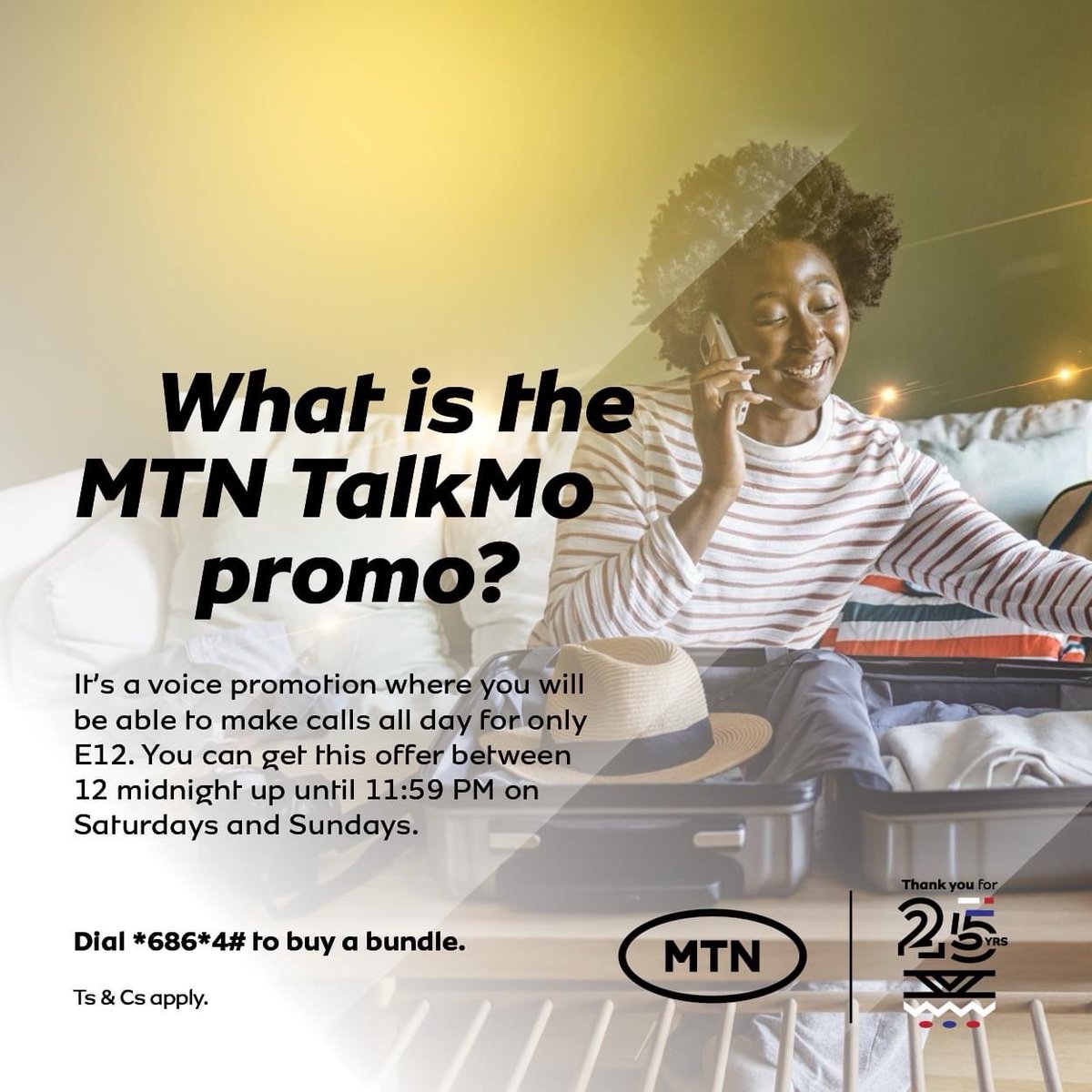 MTNEswatini's tweet photo. Make unlimited calls all day for only E12. No more holding back - let the conversations flow! 🎉
#WeekendTalks #UnlimitedCalls #TalkMo📞☀️ https://t.co/PorxiL6fOJ