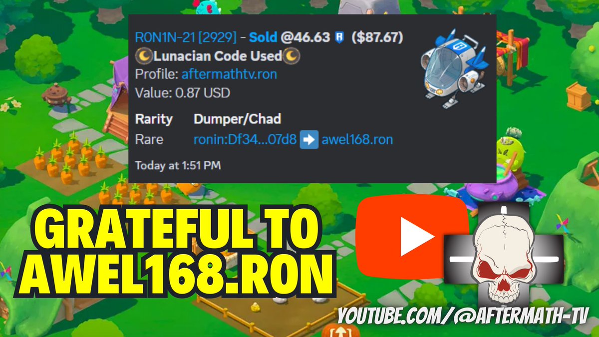 Grateful to awel168.ron for supporting Aftermath TV by using Lunacian Code: AFTERMATHTV

By owning a R0N1N-21, it only shows your commitment to $RON and Ronin Chain. 

I'm sure you'll have a great time with it as soon as Sky Mavis ships the version 3 of Axie Infinity: Homeland.