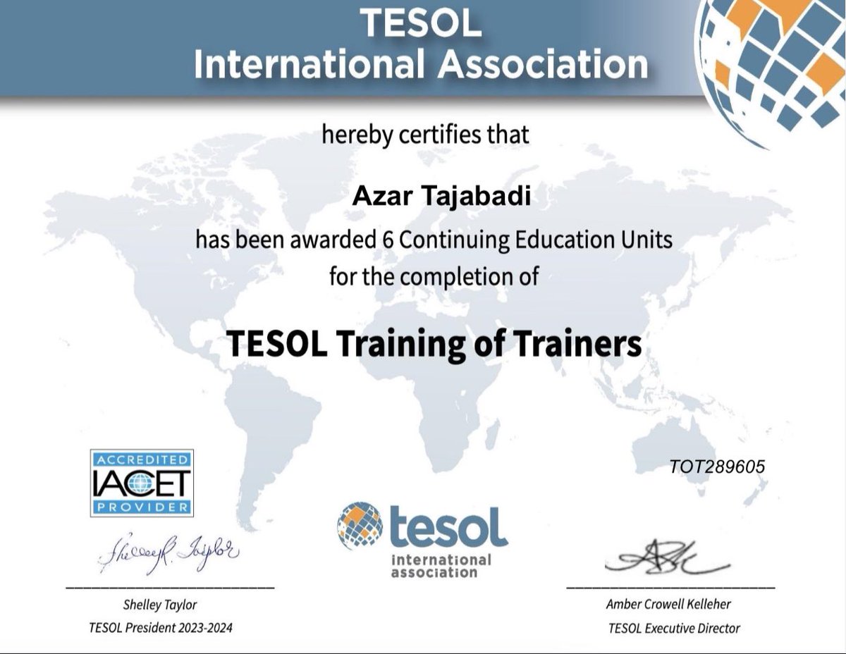 Azartaj4's tweet photo. One of the best courses that I’ve ever done! So refreshing! The instructor and the materials were awesome. Now, I’m more than ready for my teacher training subject next semester! Thank you @TESOL_Assn https://t.co/canx0bBwp3