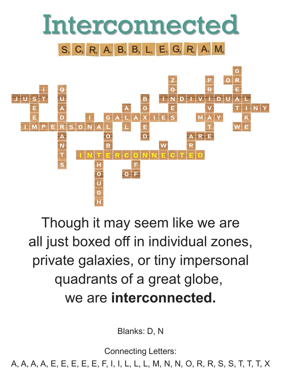 dc_scrabblegram's tweet image. SCRABBLEGRAM* OF THE DAY
Interconnected

I is for Interconnected. The text itself has greater than 100 letters as the result of 27 overlapping tiles in the Scrabblegram grid above.

Today is Day 9 of our 26-day alphabetical series.

*Uses all 100 Scrabble tiles.

#interconnected