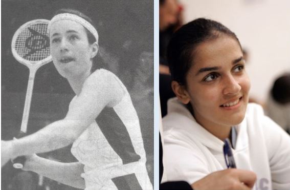 There have only been two girls who won the British Junior Open Under 19 age band four times. First was Jayne Ashton (ENG, left) who did so 1973-76, a feat repeated by Omneya Abdel Kawy (EGY, right) who did so 2001-04. @englandsquash @MasrSquash @SquashInfo