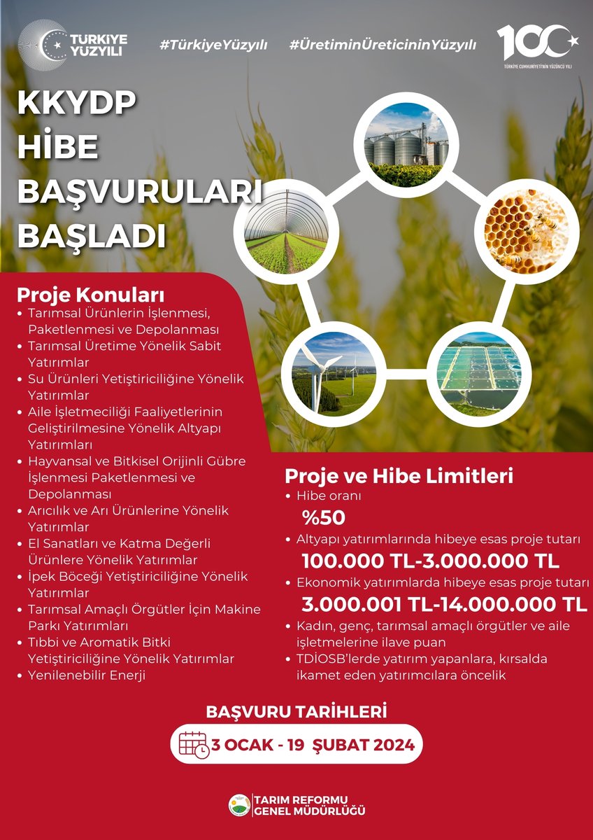 Tarım Reformu Genel Müdürlüğü (@trgmresmi) on Twitter photo ✍🏻KKYDP hibe başvuruları başladı❗
⏳Son başvuru tarihi 19 Şubat 2024
🔗Başvuru adresi 👉🏻 hibedestek.tarimorman.gov.tr/Tarim/onlineba…
#TürkiyeYüzyılı
#ÜretiminÜreticininYüzyılı
<a href="/TCTarim/">T.C. Tarım ve Orman Bakanlığı</a>
<a href="/ibrahimyumakli/">İbrahim Yumaklı</a>
@oyildiz3806 ✍🏻KKYDP hibe başvuruları başladı❗
⏳Son başvuru tarihi 19 Şubat 2024
🔗Başvuru adresi 👉🏻 hibedestek.tarimorman.gov.tr/Tarim/onlineba…
#TürkiyeYüzyılı
#ÜretiminÜreticininYüzyılı
<a href="/TCTarim/">T.C. Tarım ve Orman Bakanlığı</a>
<a href="/ibrahimyumakli/">İbrahim Yumaklı</a>
@oyildiz3806