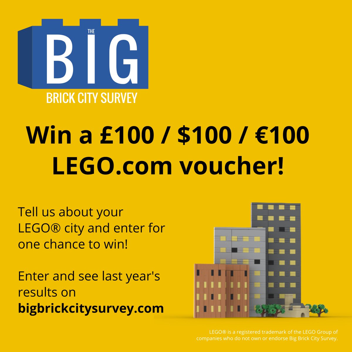 The Big Brick City Survey is back! 

Tell us about your LEGO city by Friday 26th January 2024 and enter for a chance to win a £100/$100/€100 voucher! 

bigbrickcitysurvey.com  #legocity #legotown #lego #legofans