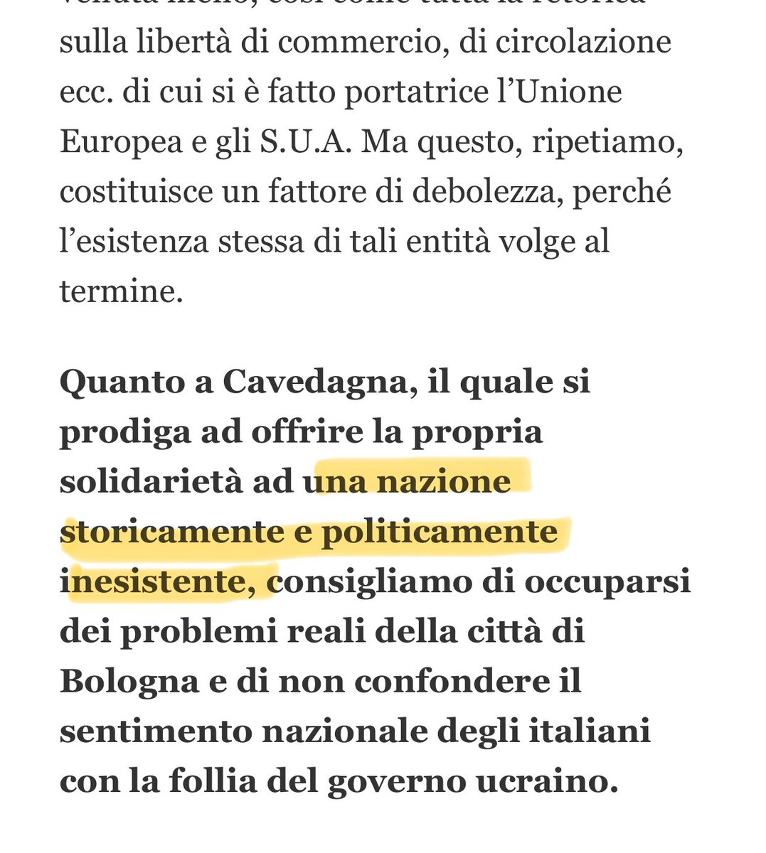 marsetac's tweet photo. A chi non lo avesse ancora fatto, consiglio (lontano dai pasti) un giro sul sito dell’associazione Russia-Emilia Romagna, organizzatrice dell’evento del prossimo 20 gennaio a Modena, dedicato all ricostruzione di Mariupol “dopo la guerra”.

Nel post di presentazione dell’evento si definisce Mariupol “città martire dell’occupazione banderista durata 8 anni” con riferimento al lasso di tempo intercorso dalla prima invasione russa del 2014 e la seconda del marzo 2022, che ha portato alla sua totale distruzione, oltre alla morte di migliaia di civili, il cui numero è impossibile da conoscere con esattezza. “Liberazione” da un regime “banderista”, cioè nazista, e non occupazione, come si definisce di norma la presa di possesso di territori che per il diritto internazionale appartengono ad altri e come tutto il mondo ritiene che sia, eccetto una manciata di paesi e qualche regione a sua volta occupata dai russi. Un concetto peraltro ribadito qualche riga dopo. 

C’è poi spazio per un po’ di sano revisionismo storico (platealmente anti-polacco) sull’Holodomor, il genocidio per fame di milioni di ucraini che si opponevano all collettivizzazione delle terre, voluto da Stalin all’inizio degli anni ‘30, sul quale Putin da almeno un decennio sta portando avanti una massiccia campagna negazionista.

A luglio 2023 si trova anche un post di critica contro la proposta del capogruppo di FdI nel Consiglio Comunale di Bologna Stefano Cavedagna di conferire la cittadinanza onoraria del capoluogo emiliano alla campionessa di scherma ucraina Olga Kharlan. L’articolo, la cui prima parte è un irriproducibile sermone ideologico, si conclude con un invito ad occuparsi dei problemi della città, anziché “offrire la propria solidarietà ad una nazione storicamente e politicamente inesistente”.

Mi domando se qualcuno abbia fatto o stia facendo queste verifiche e se a questo punto, per l’evento del 20 gennaio, non si configurino gli estremi per l’applicazione della Legge Mancino contro chi diffonde odio e intolleranza, dal momento che chi lo organizza è un’associazione che definisce “banderista” un intera nazione ed esprime contro questa nazione la peggiore forma di odio, negandone apertamente il diritto ad esistere.