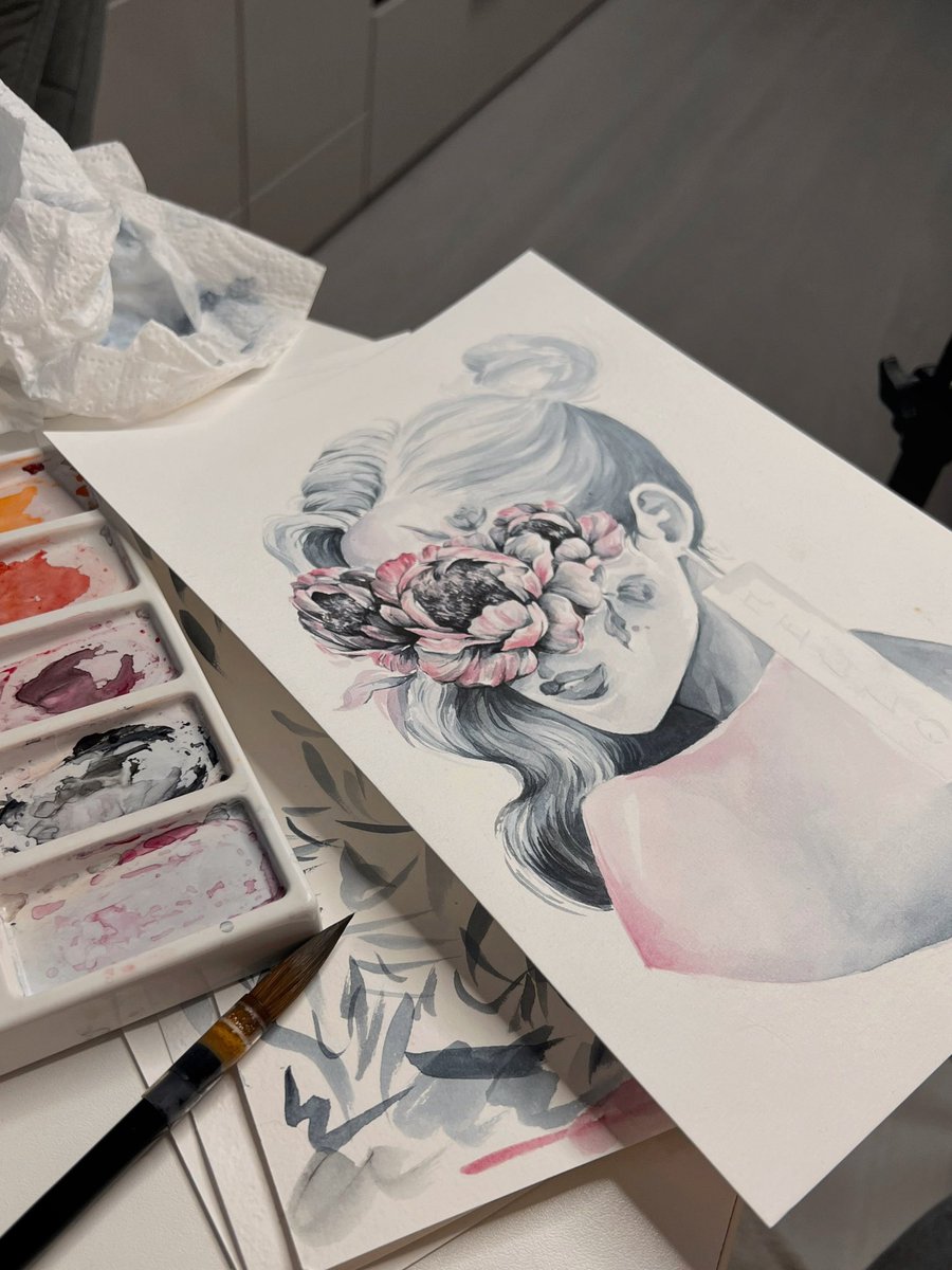 Good morning🤍 ✨Wip watercolor✨ I love working on every detail... This mysterious lady with flowers will be ready soon⚡️
