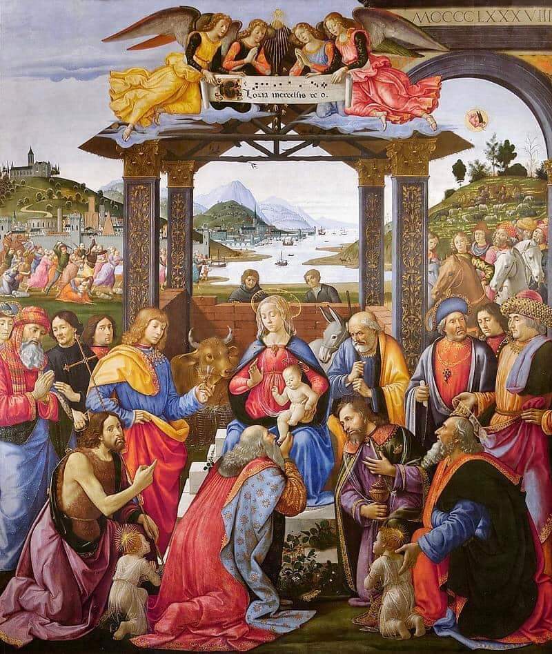 Buongiorno!

«Dov'è il re dei Giudei che è nato? Abbiamo visto sorgere la sua stella, e siamo venuti per adorarlo».
Mt 2:1-12

#art
L'Adorazione dei Magi Tempera su tavola (285x243 cm)
-Domenico Ghirlandaio, databile al 1485/88
Galleria dello Spedale degli Innocenti a #Firenze
