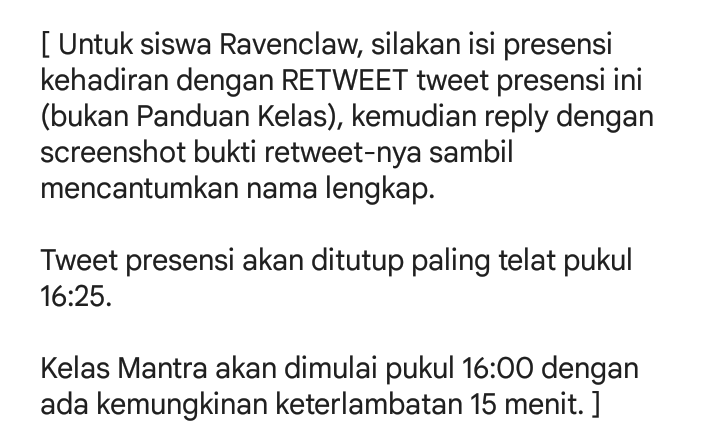 ⠀
⠀【 PRESENSI KELAS MANTRA - Ravenclaw 】
⠀⠀⠀⠀#HE12BurungBimsalabim

[ Jangan lupa untuk membaca ulang Panduan Kelas Mantra: x.com/_heavenhellaw/… ]
⠀⠀ ⠀⠀⠀ ⠀⠀⠀ ⠀⠀