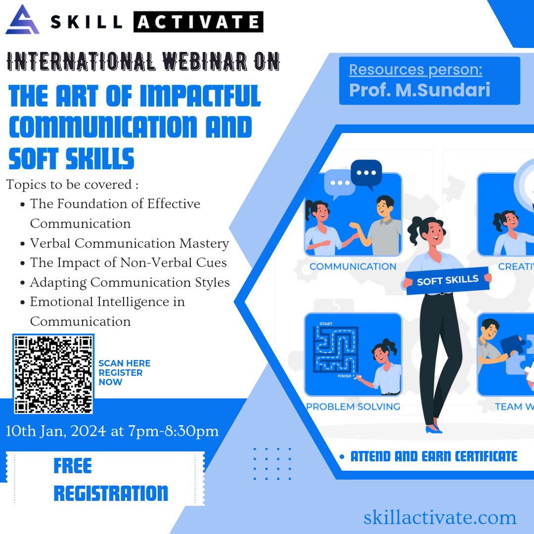 SkillActivate's tweet photo. International Webinar on The Art of Impactful Communication and Soft Skills
Registration link: https://t.co/MEEBljJLsx
Attend the workshop, Learn new concepts and grab your certificate.
#WorldJuniors #communication 
#DavidWarner #flooding  #webinar #softskills https://t.co/LCARoRl2Of