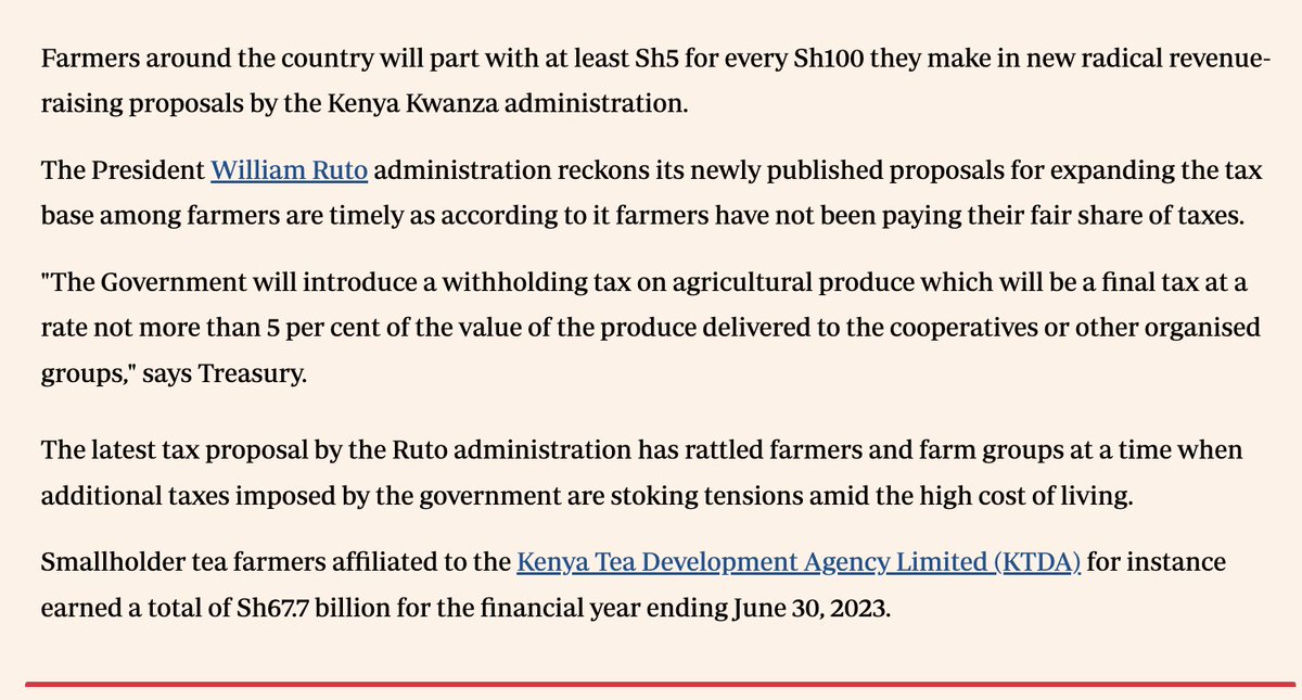 'the Government will: a) introduce a WHT on agricultural produce which will be a final tax i) at a rate ≤ 5% of the value of the produce delivered to cooperatives or other organized groups; ii) the earnings subject to the WHT shall have a threshold to cushion low-income earners'