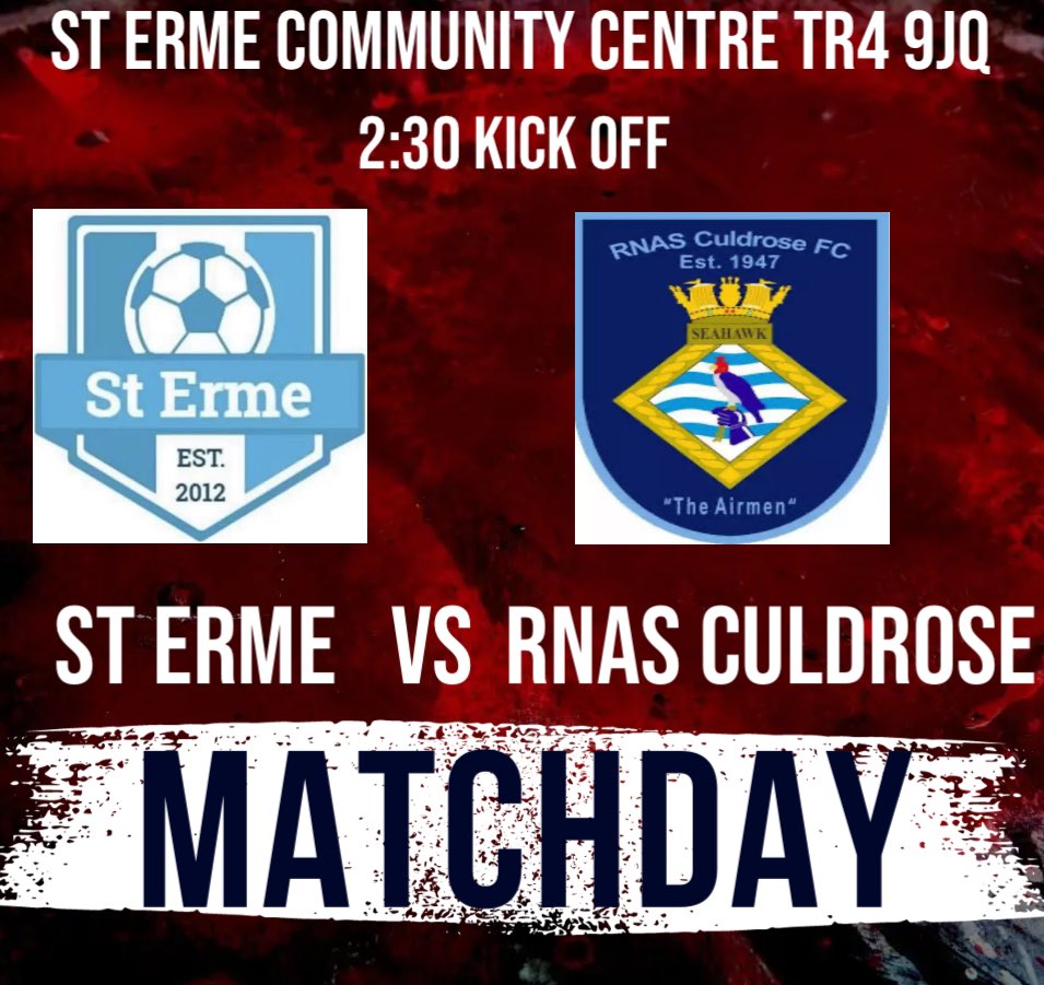 Matchday !

🆚<a href="/rnasculdrosefc/">RNAS Culdrose FC</a> 
🗓️Saturday 06th January 2:30 KO
🏆St Piran League Division 3 (West)
🏟️St Erme Community Centre 
~TR4 9JQ
🍺Bar Open From 3 

MATCHDAY SPONSOR- Sophie’s Den

Please Come Support The Lads ❤️❤️