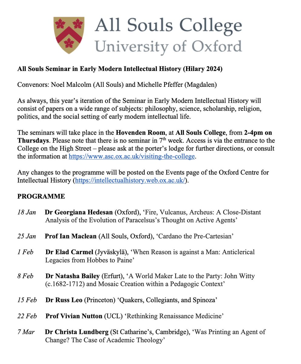 Michelle Pfeffer (@michpfeffer) on Twitter photo Excited to share this term's programme for our seminar in Early Modern Intellectual History. The sessions will be held in All Souls College, Oxford, on Thursday afternoons. All welcome! <a href="/OxfordCIH/">Oxford Centre for Intellectual History</a> Excited to share this term's programme for our seminar in Early Modern Intellectual History. The sessions will be held in All Souls College, Oxford, on Thursday afternoons. All welcome! <a href="/OxfordCIH/">Oxford Centre for Intellectual History</a>