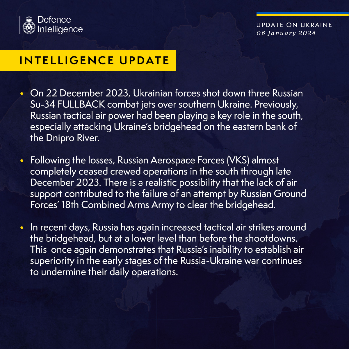 On 22 December 2023, Ukrainian forces shot down three Russian Su-34 FULLBACK combat jets over southern Ukraine. Previously, Russian tactical air power had been playing a key role in the south, especially attacking Ukraine’s bridgehead on the eastern bank of the Dnipro River. Following the losses, Russian Aerospace Forces (VKS) almost completely ceased crewed operations in the south through late December 2023. There is a realistic possibility that the lack of air support contributed to the failure of an attempt by Russian Ground Forces’ 18th Combined Arms Army to clear the bridgehead. In recent days, Russia has again increased tactical air strikes around the bridgehead, but at a lower level than before the shootdowns. This once again demonstrates that Russia’s inability to establish air superiority in the early stages of the Russia-Ukraine war continues to undermine their daily operations. 