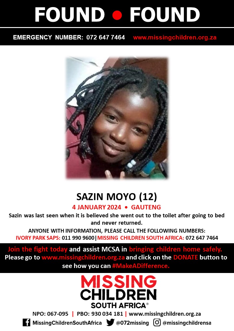 #MCSAFound Wonderful news! Sazin Moyo has been found safe If you personally, or your company | or your place of work, would like to make a donation to #MCSA, please click here to donate: missingchildren.org.za/page/donate