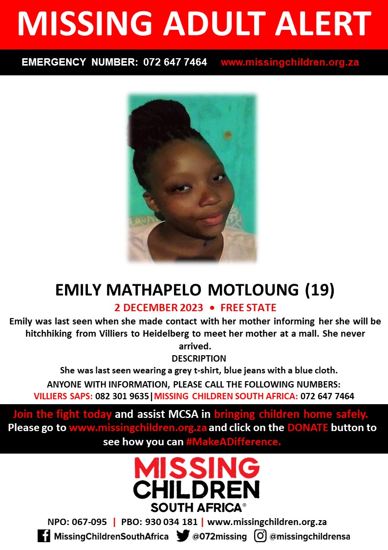 #MCSAMissing Emily Mathapelo Motloung (19) was last seen 2 December 2023 If you personally, or your company | or your place of work, would like to make a donation to #MCSA, please click here to donate: missingchildren.org.za/page/donate