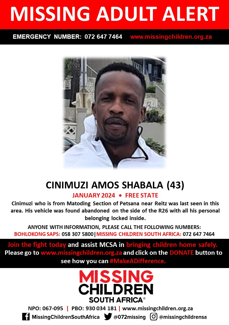 #MCSAMissing Cinimuzi Amos Shabala (43) was last seen January 2024. If you personally, or your company | or your place of work, would like to make a donation to #MCSA, please click here to donate: missingchildren.org.za/page/donate