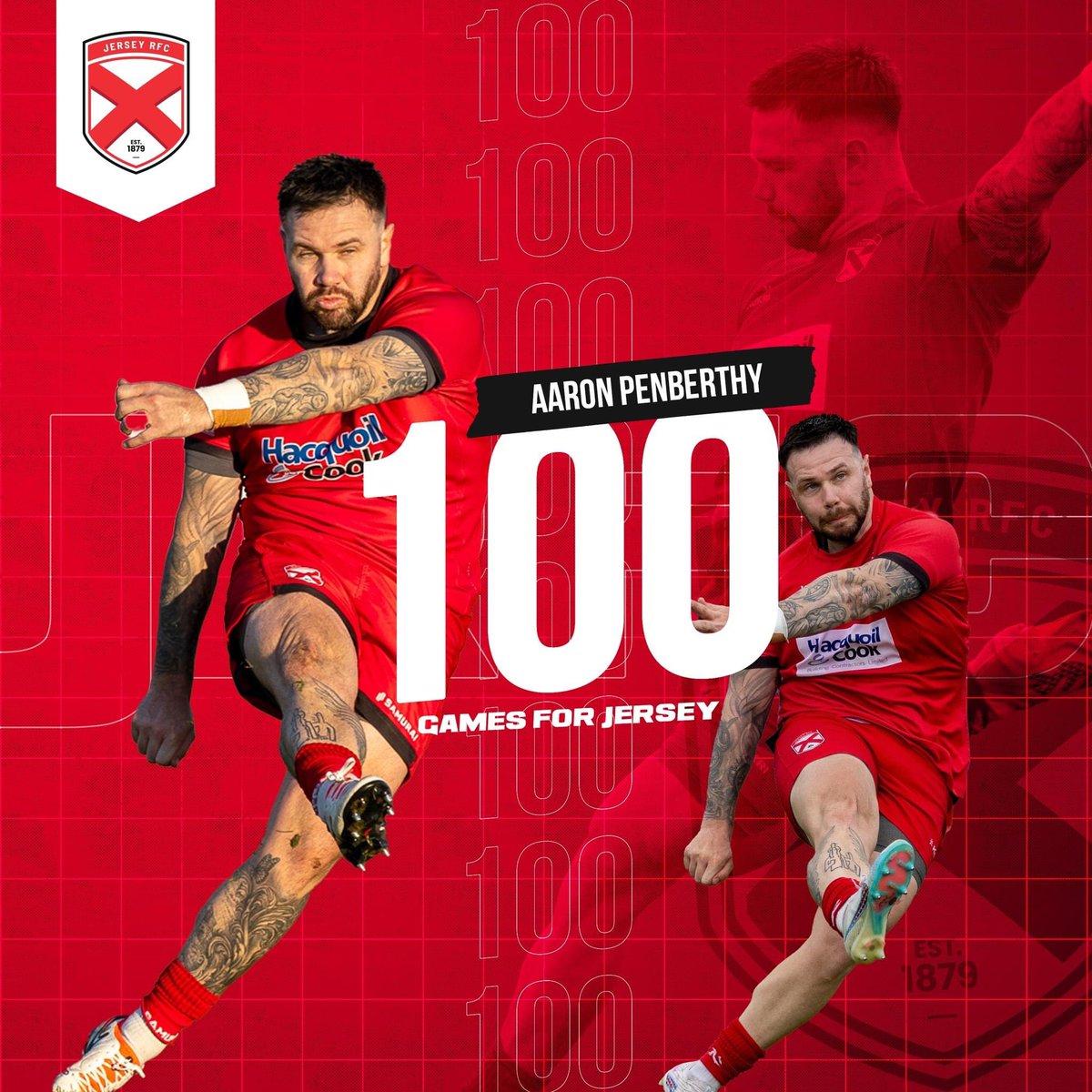 100 NOT OUT FOR PENBO 🎯 Such a great achievement for Aaron Penberthy reaching 100 games for Jersey (JRFC/Reds) when he takes to the field today💥🇯🇪 Congratulations Aaron and here's to another 100 😉 Penbo will lead out the team today 🆚 Farnham RFC 🏉 KO 2.15pm