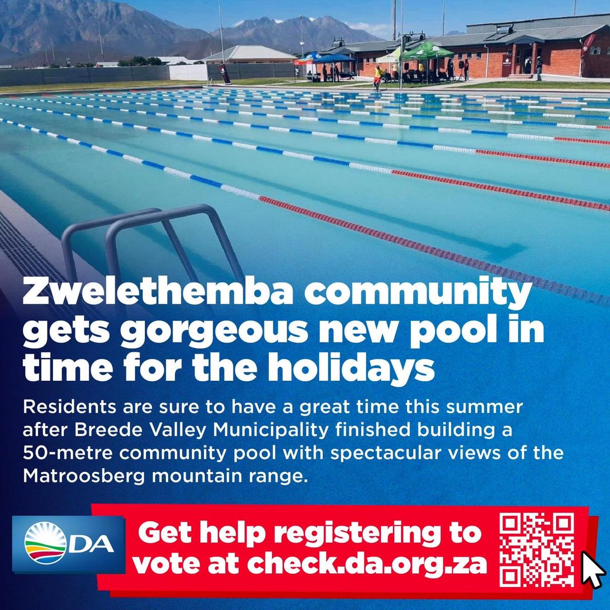 🏊‍♂️ Under the leadership of the DA Mayor, Antoinette Steyn, Breede Valley built a 50-metre pool to ensure the Zwelethemba community has access to it just in time for summer.

Let's rescue SA and bring change, visit check.da.org.za.

#PowerToTheRegistered
#RegisterToVoteDA