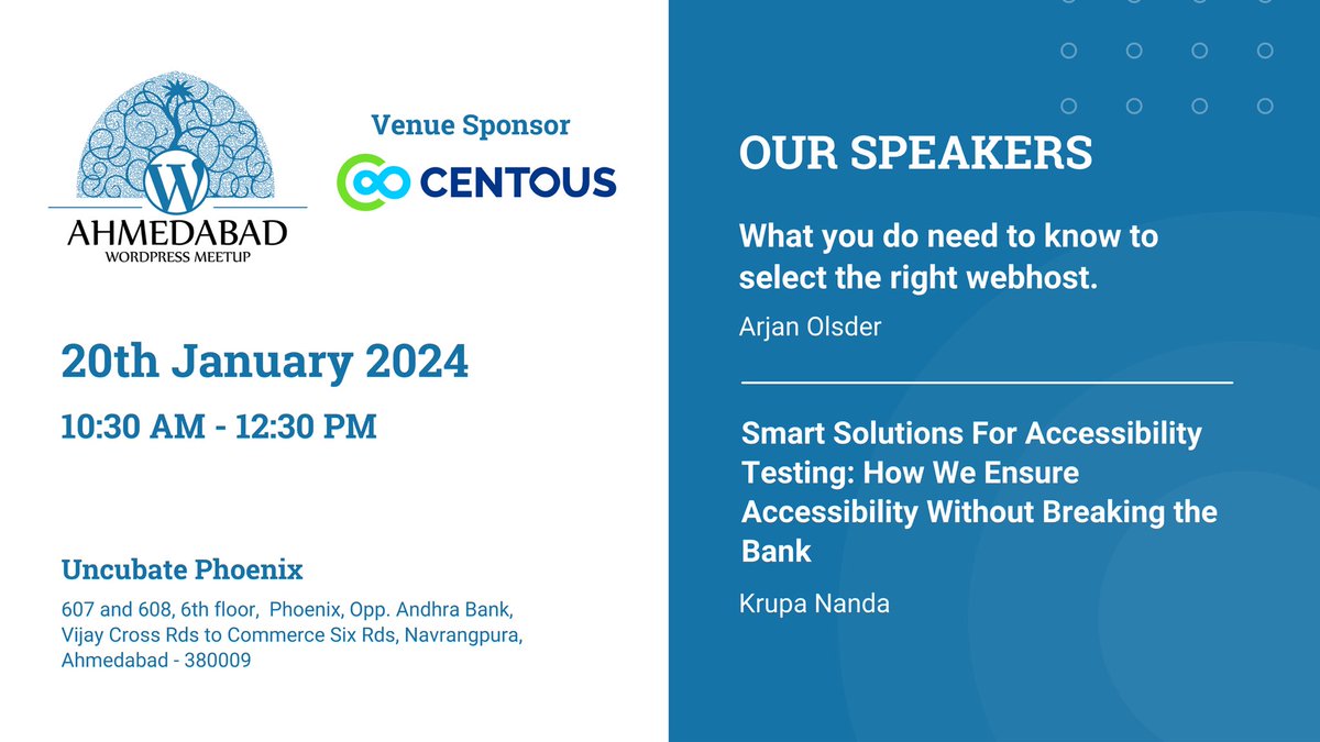 Join us at January 2024 WordPress Ahmedabad Meetup 

meetu.ps/e/MP0wj/wqDkc/i

#WordPress #Meetup #WCAhmedabad
