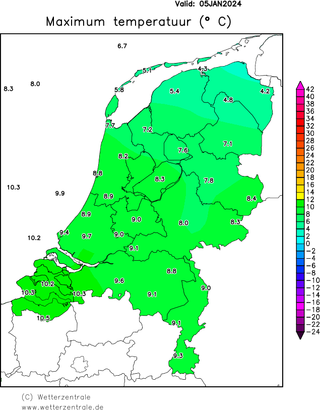 samemmers2001's tweet image. #Weerupdate 5 januari 2024 | Op 5 januari werd in Westdorpe een milde maximumtemperatuur van 10.5°C geregistreerd, terwijl Nieuw-Beerta de laagste temperatuur van 4.2°C noteerde. De komende dagen wordt steeds koelere lucht uit het noordoosten verwacht. De wind, met een maximale