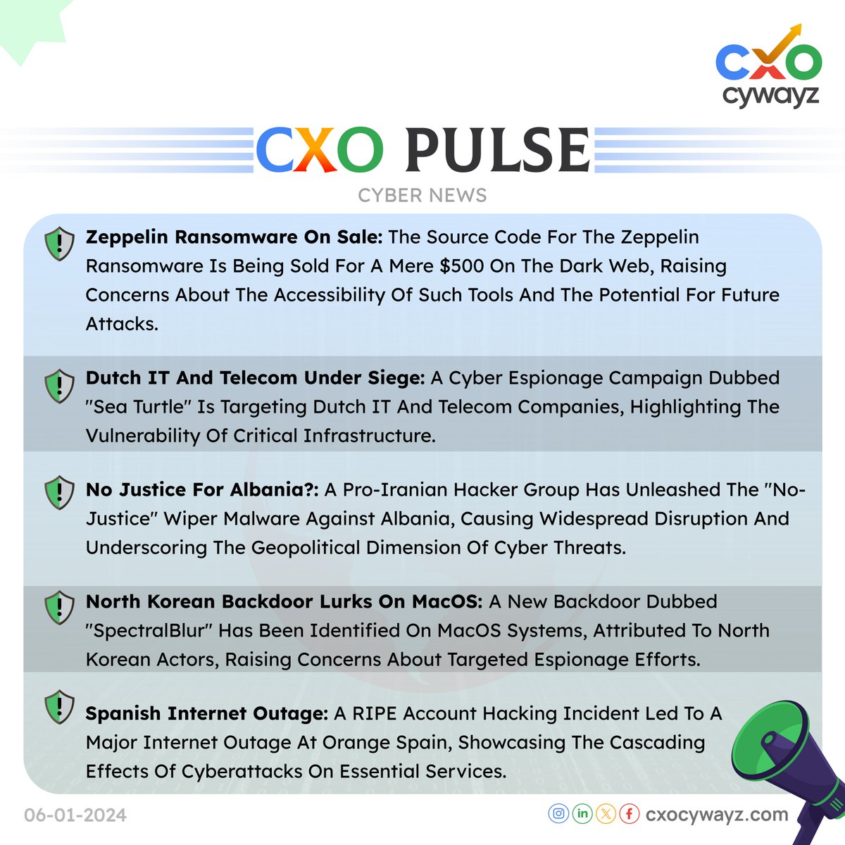 CXO PULSE Cyber News Headlines🚨

#cxopulse #cxocywayz #darkwebnews #zeppelin #cyberthreat #macOS #INTERNET #ciso #seaturtles #dutch
