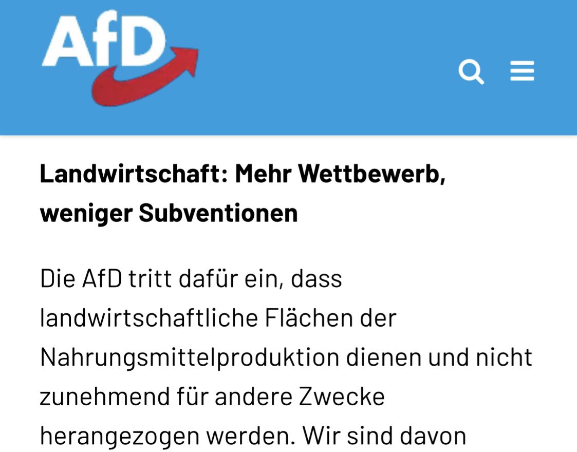 Die #AfD gibt sich als Unterstützer der Bauernproteste aus und beklatscht die Aktion gegen Habeck

Die #AfD in ihrem Grundsatzprogramm zur Landwirtschaftspolitik: “Weniger Subventionen”