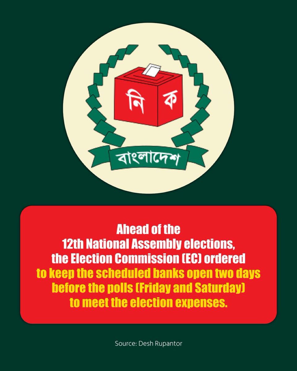 Ahead of the 12th National Assembly elections, the Election Commission (EC) ordered to keep the scheduled banks open two days before the polls (Friday and Saturday) to meet the election expenses.  

#Ahead #National #elections #Assembly #OnceAgainSheikhHasina