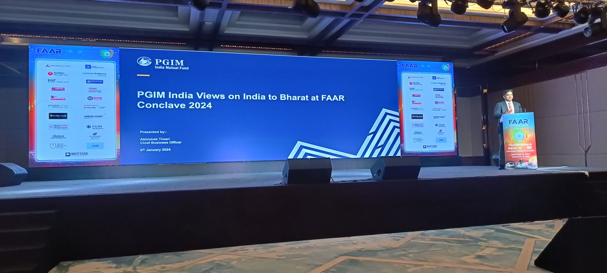 FaarRajasthan's tweet photo. Abhishek Tiwari @AbhiT2582 ED &amp; CBO @PGIM_IndiaMF is on stage to share his views on the Past, Present &amp; Future of the Indian economy.

Transforming INDIA to BHARAT.

His topic is "Outlook, Proposition, Process &amp; Retirement".

@AMajitmenon https://t.co/Rur4uSOLYt