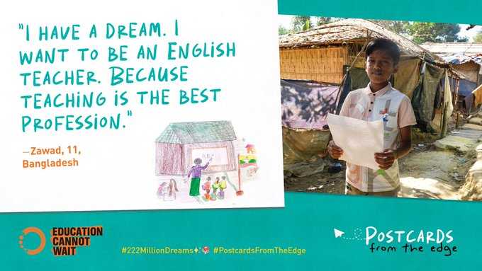 Children affected by crises around the 🌎 urge leaders to support @EduCannotWait to make their dreams come true! #ECW's #PostcardsFromTheEdge are a living testament to the power of #education to transform lives. 👉bit.ly/3CNwYwT @UN @DFAT @SIDA #222MillionDreams✨📚