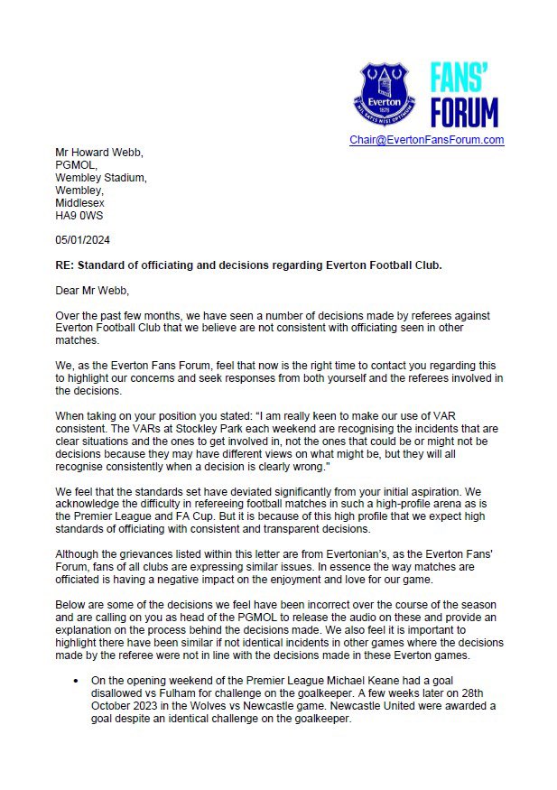 EFC_FansForum's tweet image. Evertonians have had enough.

Today we have written to @FA_PGMOL head Howard Webb, to address the standard of officiating in Everton matches and the wider game. We await a response.