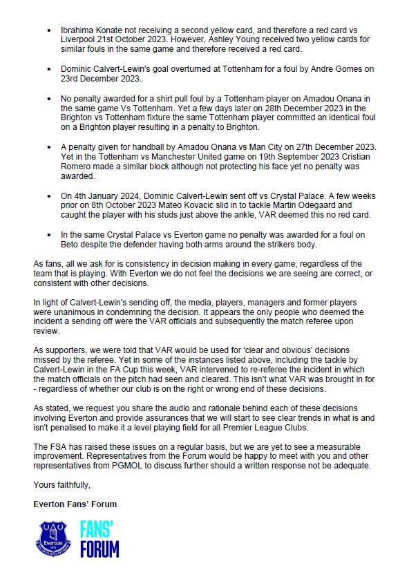 Evertonians have had enough.

Today we have written to <a href="/FA_PGMOL/">PGMO</a> head Howard Webb, to address the standard of officiating in Everton matches and the wider game. We await a response.